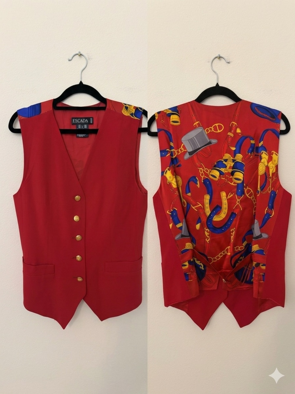 Vtg Escada Red Equestrian Print Vest Size 36/Small Wool Silk Horses Luxury